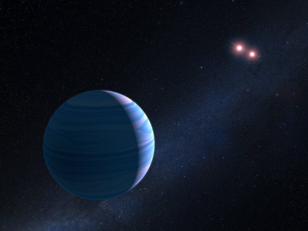 artist s impression of exoplanet orbiting two stars