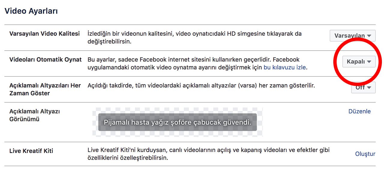 facebook otomatik video oynatmayı kapatma