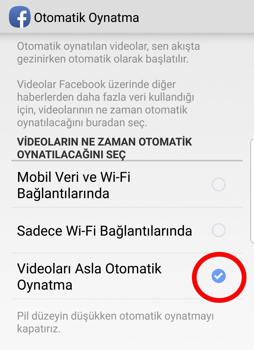 facebook otomatik video oynatmayı kapatma