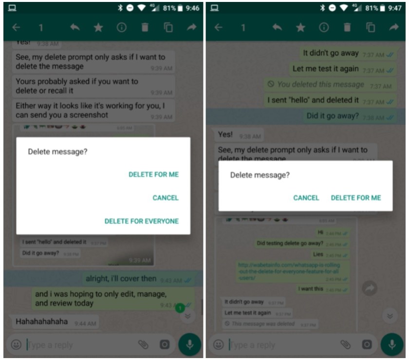 WhatsApp Gönderilen Mesajı Silme