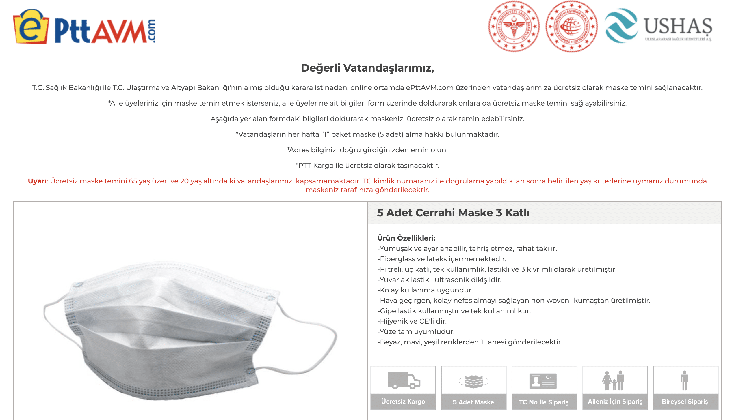 ePttAVM Ücretsiz Maske Dağıtımı Yapacak