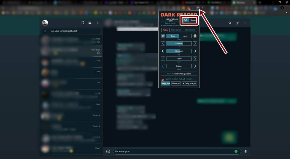 whatsapp web karanlik mod chrome
