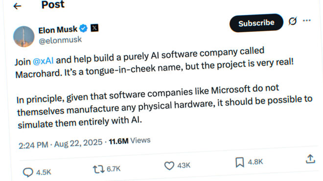 Elon Musk’ın girişimi xAI, “Macrohard” adı verilen tamamen yapay zekâ tabanlı bir yazılım şirketi kuruyor 91 Ekran Resmi 2025 08 23 13.11.18 660x371 1
