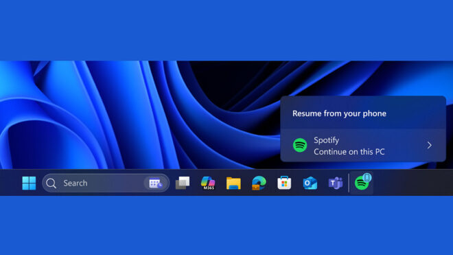 Windows 11 için geliştirilen macOS’teki Handoff’a benzer altyapı test edilmeye başlandı 91 Resume Taskbar Alert Spotify Launch 660x371 1